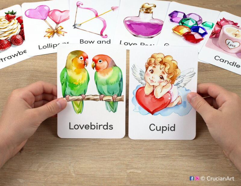 Lovebirds and Cupid watercolor flashcards in child hands. Saint Valentine Day unit preschool educational printables.