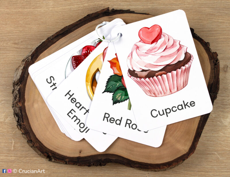 Set of Saint Valentine Day flashcards kept together on a ring for on-the-go learning. February 14th holiday unit printable learning materials.