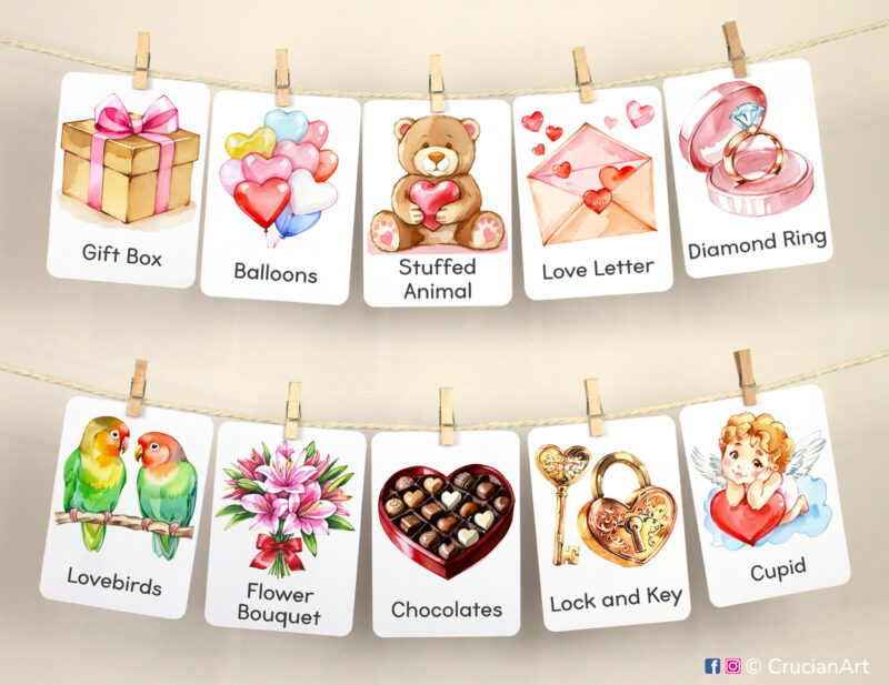 Set of Saint Valentine Day flashcards used as class or homeschool wall decor. Flash cards hang on twine with small wooden clothespins.