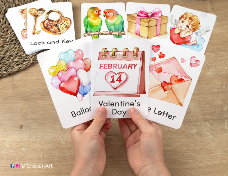 Saint Valentine Day Flashcards featuring watercolor illustrations of February 14th Date, Love Letter, and Heart-shaped Balloons in toddler hands