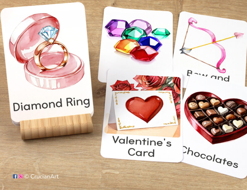 Saint Valentine Day Unit Flashcards featuring images of Diamond Ring, Valentine Card, Chocolates, Bow and Arrow, and Gemstones, ready for learning activity
