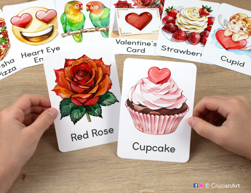 Watercolor illustrations of Red Rose and Cupcake flashcards in kindergartener hands. Saint Valentine Day theme DIY holiday resources.