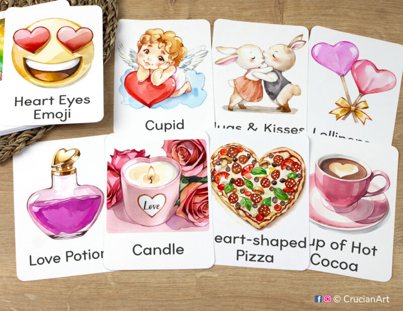 Saint Valentine Day Unit Flashcards featuring Love potion bottle, Heart-shaped Pizza, Cupid, Candle, Hugs and Kisses, Heartfelt Emojis, Heart-shaped Lollipops, Cup of Hot Cocoa laid out for studying