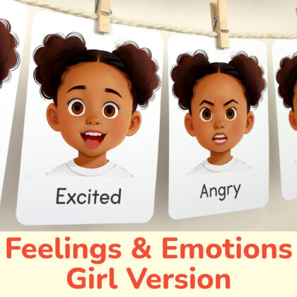 Excited and Angry flashcards hanging on twine with small wooden clothespins. African American Girl Emotions and Feelings theme classroom resources. Visual cards for girls with brown hair and skin.