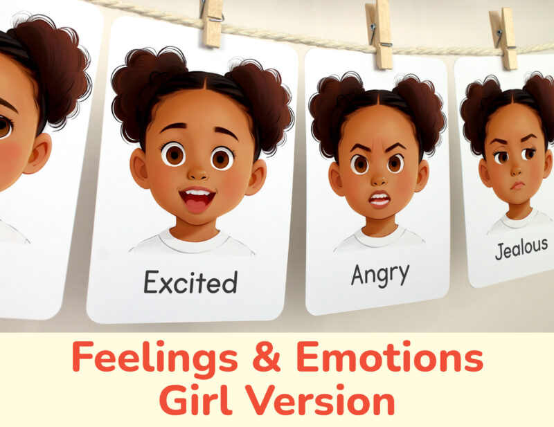 Excited and Angry flashcards hanging on twine with small wooden clothespins. African American Girl Emotions and Feelings theme classroom resources. Visual cards for girls with brown hair and skin.