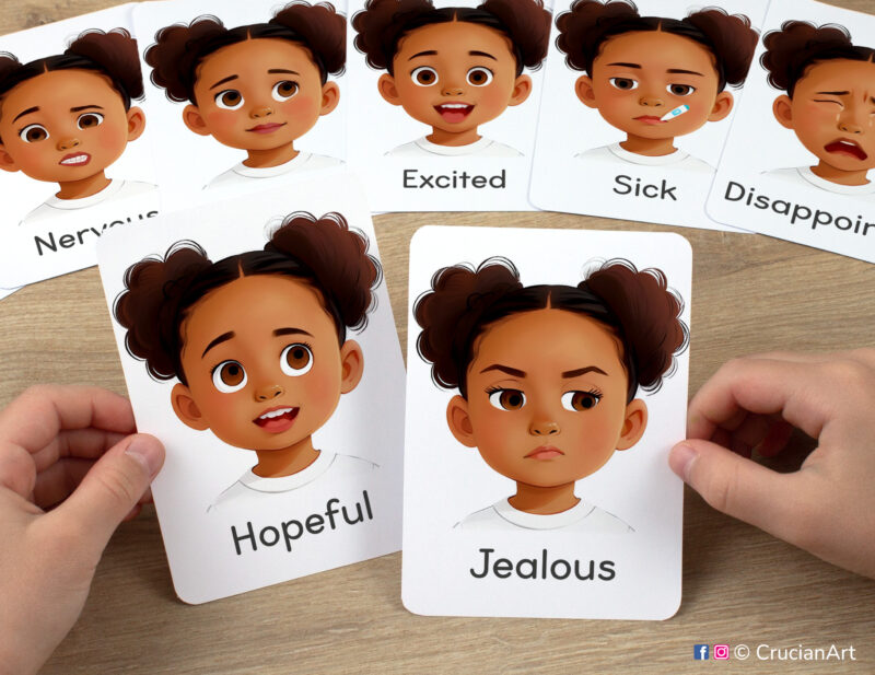 Watercolor illustrations of Jealous and Hopeful Emotions flashcards in kindergartener hands. Emotions and Feelings set of visual cards for African American girls with brown skin and black hair.