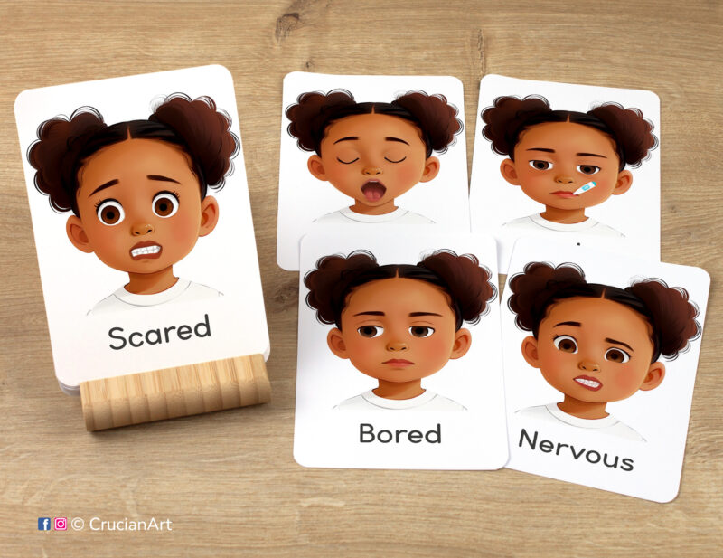 Emotions and Feelings Unit Flashcards featuring images of Scared, Bored, Nervous, Tired, and Sick girl face. Version for African American girls with brown skin and black hair.