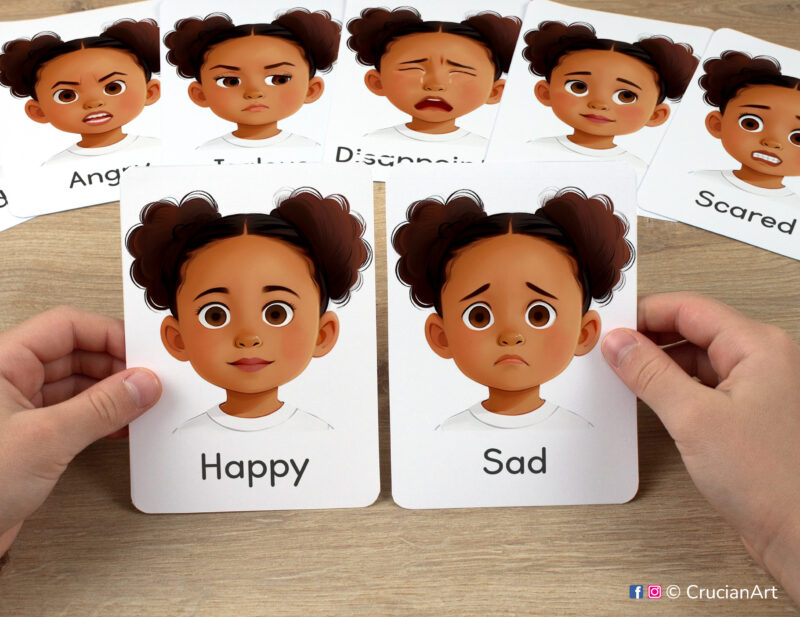 Happy and Sad faces watercolor flashcards in child hands. Feelings and Emotions unit educational printables. Version for African American girls with brown skin and black hair.