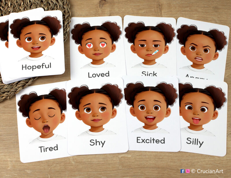 Feelings and Emotions Flashcards featuring Excited, Loved, Shy, Tired, Hopeful, Angry, Sick, Silly girl facial expression laid out for studying. Version for African American girls with brown skin and black hair.