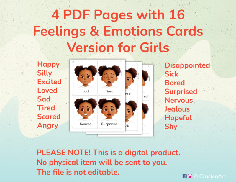 Printable Emotions and Feelings Flashcards for African American girls with brown skin and black hair.