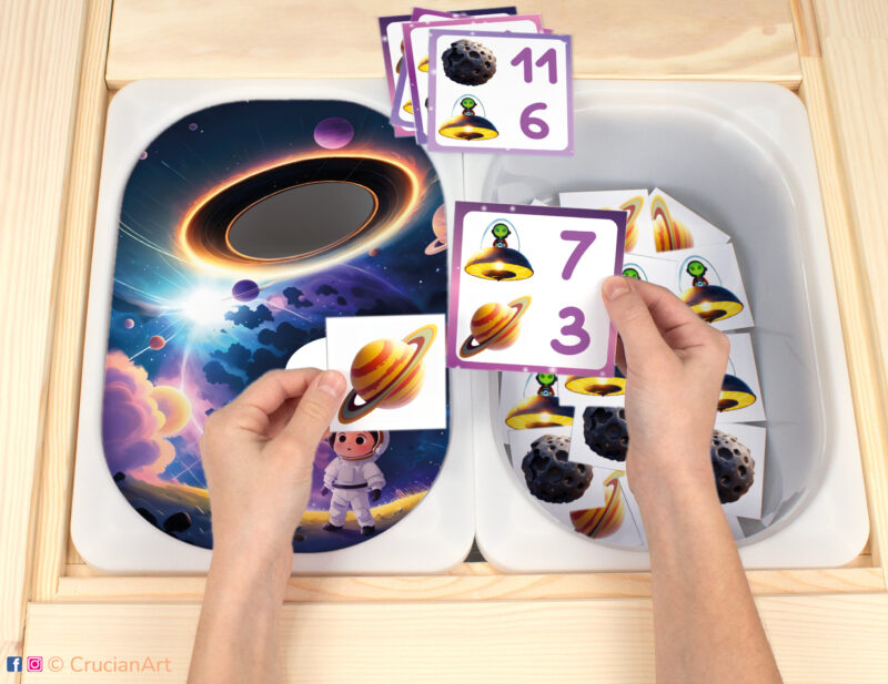 Flisat insert resource in a Montessori preschool. Outer Space counting activity placed on an IKEA Children's Sensory Table.