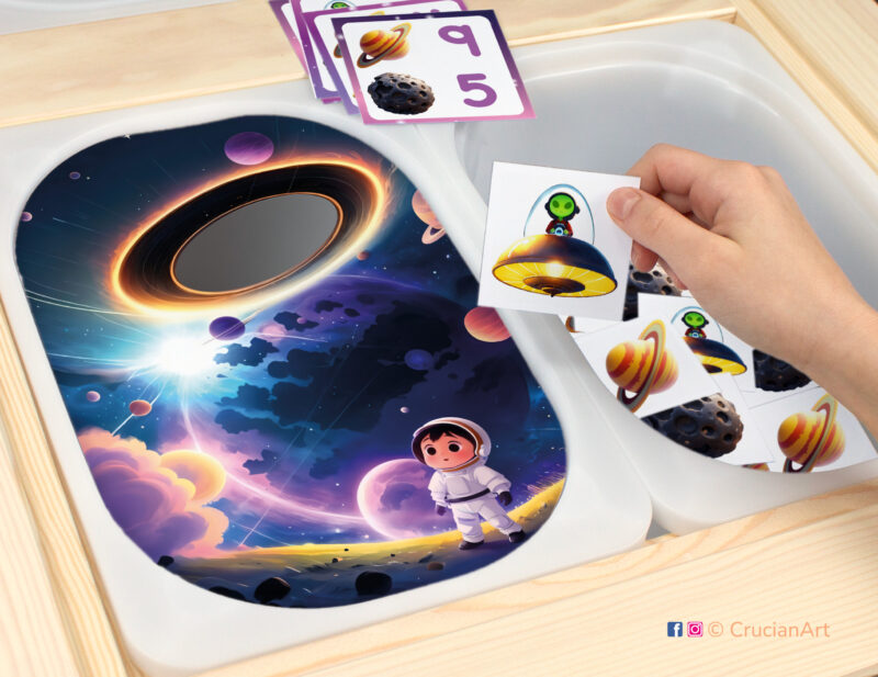 Sensory play in a daycare center: classroom educational printable materials for a Outer Space unit.