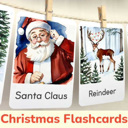 Santa Claus and Rudolph Reindeer watercolor flashcards hanging on twine with small wooden clothespins. Christmas Holiday curriculum classroom resources.
