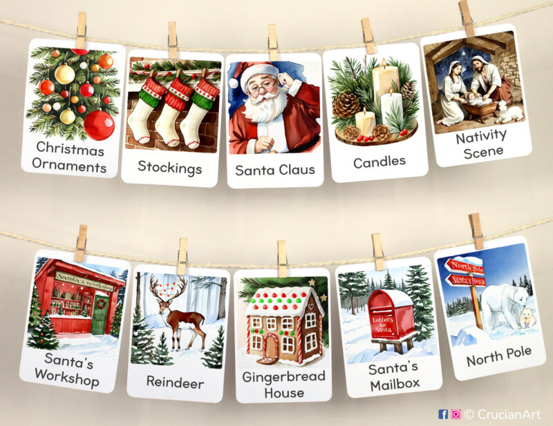 Set of Christmastime Season watercolor flashcards used as class or homeschool wall decor. Merry Christmas Holiday festive flash cards hang on twine with small wooden clothespins. Images of Santa Claus, Gingerbread House, Santa's Mailbox, Stockings, Santa's Workshop, Christmas Ornaments, Nativity Scene, Rudolph Reindeer