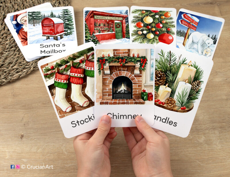 Flashcards featuring watercolor illustrations of Christmas Chimney, Stockings, and Candles in toddler hands. Printable set of Christmas Holiday themed visual cards.