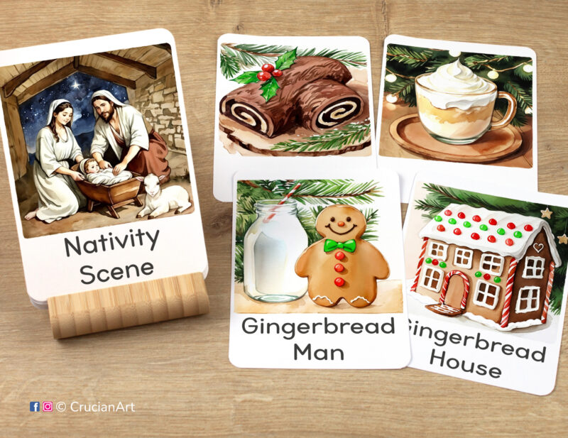 Christmas Season Flashcards featuring watercolor images of Nativity Scene, Gingerbread Man, Gingerbread House, Eggnog, and Yule Log, ready for Christmastime learning activity