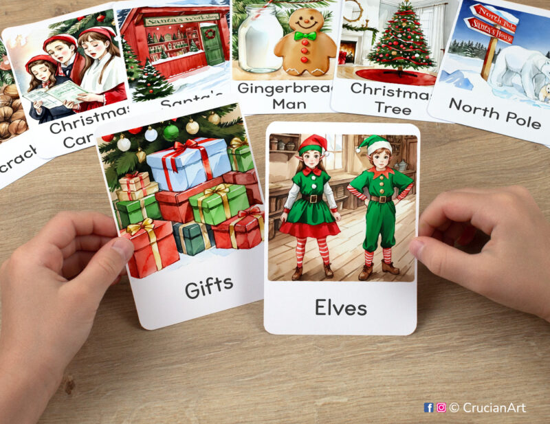 Christmas Holiday watercolor illustrations of Elves and Gifts flashcards in kindergartener hands. Christmastime unit printable visual cards.