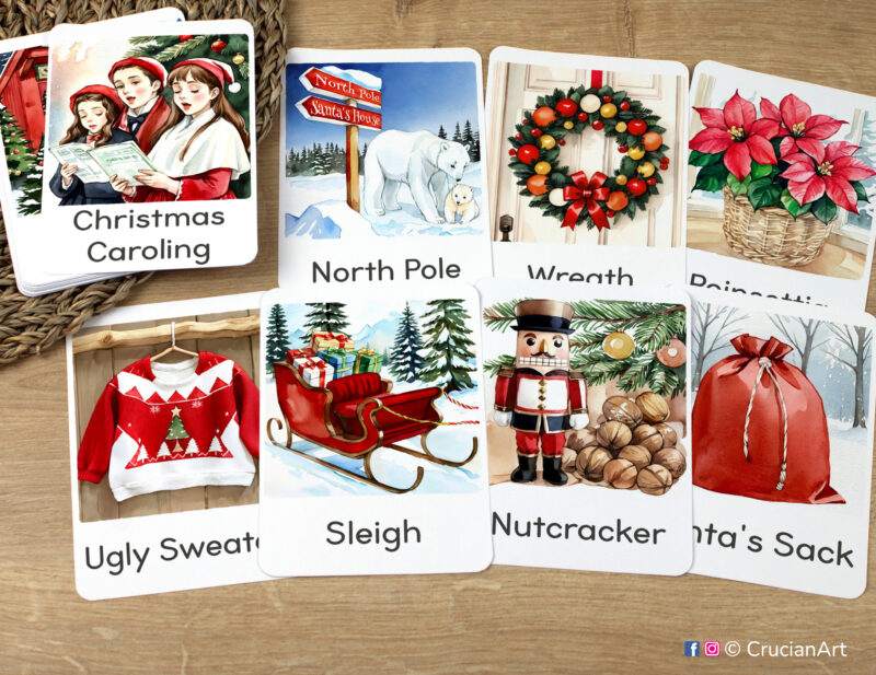 Christmas Holiday Unit Flashcards featuring Santa's Sack, Sleigh, Nutcracker, Christmas Caroling, Wreath, Poinsettia, North Pole, Ugly Sweater laid out for studying
