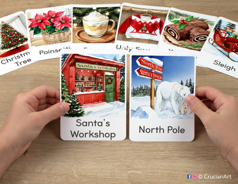 Santa's Workshop and North Pole watercolor flashcards in child hands. Christmas Holiday unit educational printables for Xmas season.