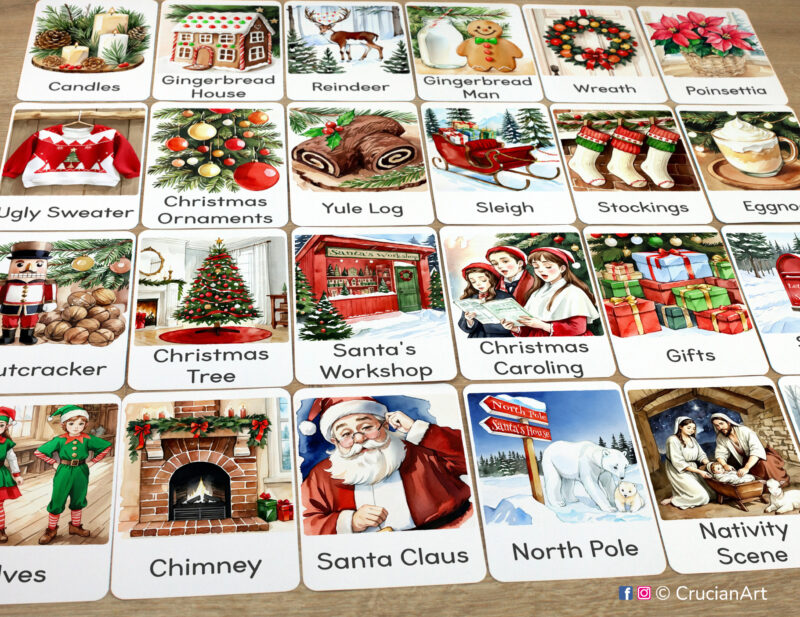 Set of Christmas Holiday flashcards laid out on the table for the Xmas time educational activity: Santa Claus, North Pole, Chimney, Sleigh, Christmas Tree, Stockings, Christmas Ornaments, Santa's Workshop, Nativity Scene