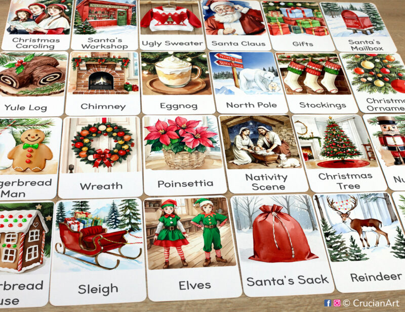 Set of Christmas Holiday flashcards laid out on the table for learning activity: Elves, Nativity Scene, Santa Sack and Sleigh, Reindeer Rudolph, Christmas Tree, Gingerbread House, Gingerbread Man, and Poinsettia