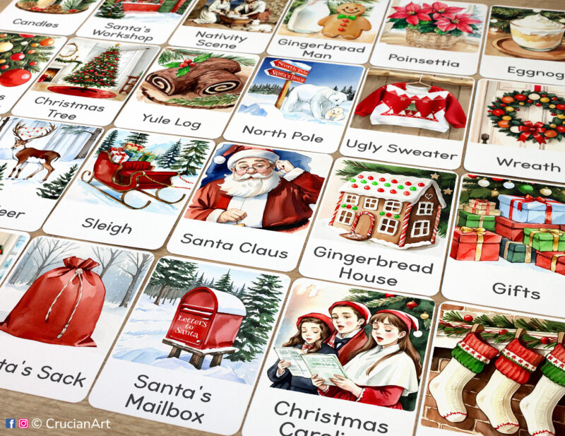 Set of printed Christmas Holiday theme three-part cards with watercolor illustrations of Santa Claus, Santa Mailbox, Santa Sack and Sleigh, Gingerbread House, and Christmas Caroling