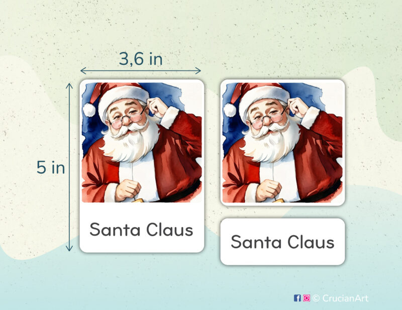 Christmas Holiday theme 3-part cards homeschool printables. DIY educational resources for Christmastime curriculum. Santa Claus watercolor illustration.