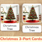 Christmas Holiday three part cards set: Christmas Tree flashcard, watercolor visual card, and label with matching word. Christmastime printable educational resource for winter curriculum.