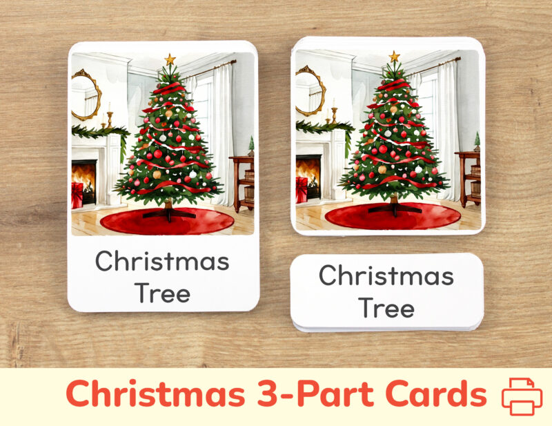 Christmas Holiday three part cards set: Christmas Tree flashcard, watercolor visual card, and label with matching word. Christmastime printable educational resource for winter curriculum.