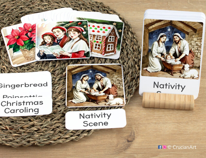 Christmas Holiday early reading activity using three-part cards: Nativity Scene flashcard, word card, and picture card. Set of Christmastime-themed sight words for winter literacy activities.