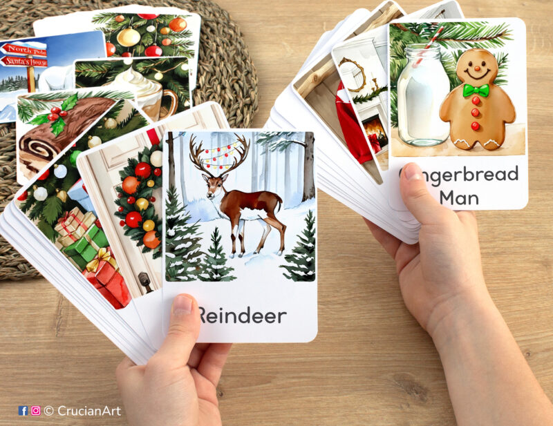 Reindeer Rudolph and Gingerbread Man watercolor flashcards in child hands. Christmas Holiday unit educational printables.