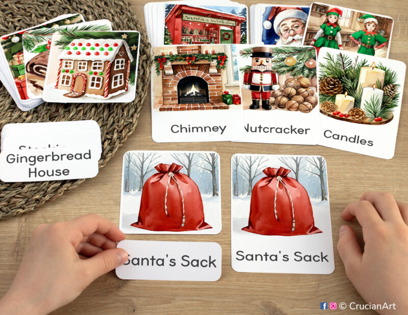 Christmas Season three-part cards in practice: toddler pairing word label with corresponding Santa Sack image card. Christmastime-themed printable materials for holiday week and winter unit classroom activities.