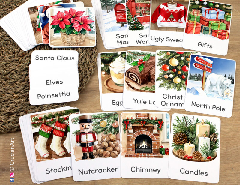 Christmas Holiday Unit Flashcards featuring Nutcracker, Stockings, Chimney, Christmas Ornaments, Yule Log, North Pole, Poinsettia, Candles laid out for studying