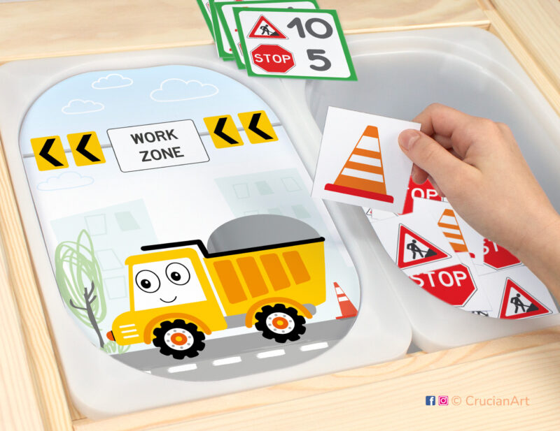 Sensory play in a daycare center: classroom educational printable materials for the Construction Site theme.