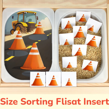 Construction theme insert and Traffic Cones size sorting pieces placed on Trofast bins in IKEA Flisat Children's Sensory Table. DIY preschool printables.