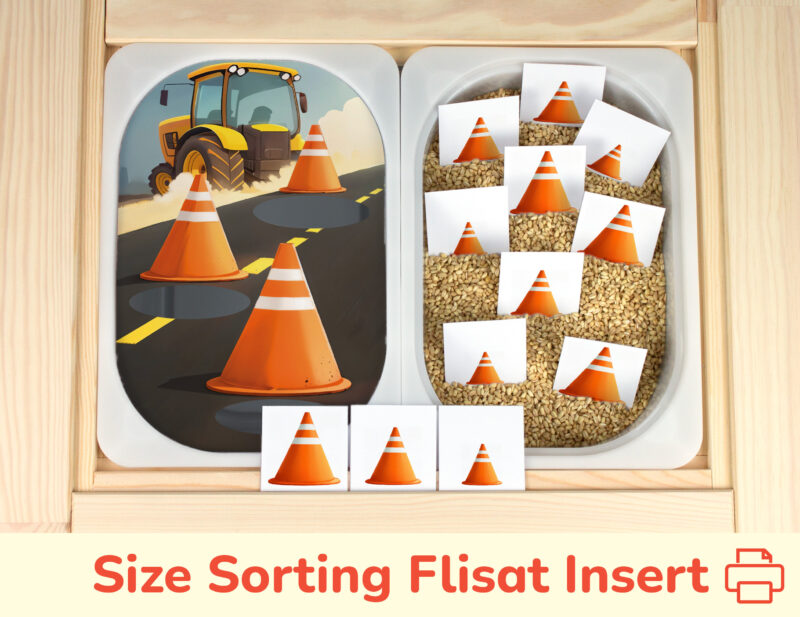 Construction theme insert and Traffic Cones size sorting pieces placed on Trofast bins in IKEA Flisat Children's Sensory Table. DIY preschool printables.