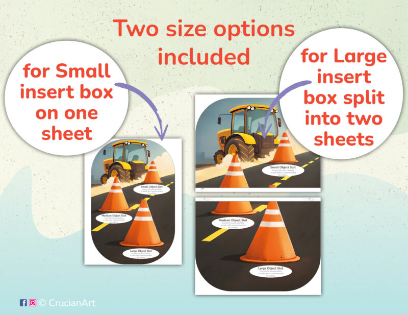 Construction Site theme Flisat insert PDF printables for small and large Trofast boxes. DIY educational resources for preschool childcare centers.