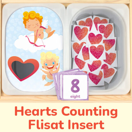 Valentine's Day Cupid insert and hearts counters placed on Trofast boxes in IKEA Flisat Children's Sensory Table