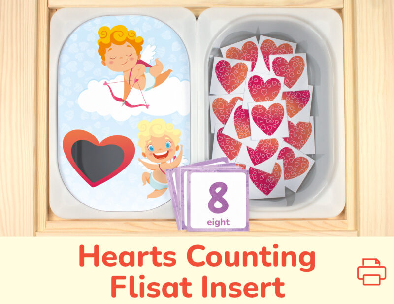 Valentine's Day Cupid insert and hearts counters placed on Trofast boxes in IKEA Flisat Children's Sensory Table