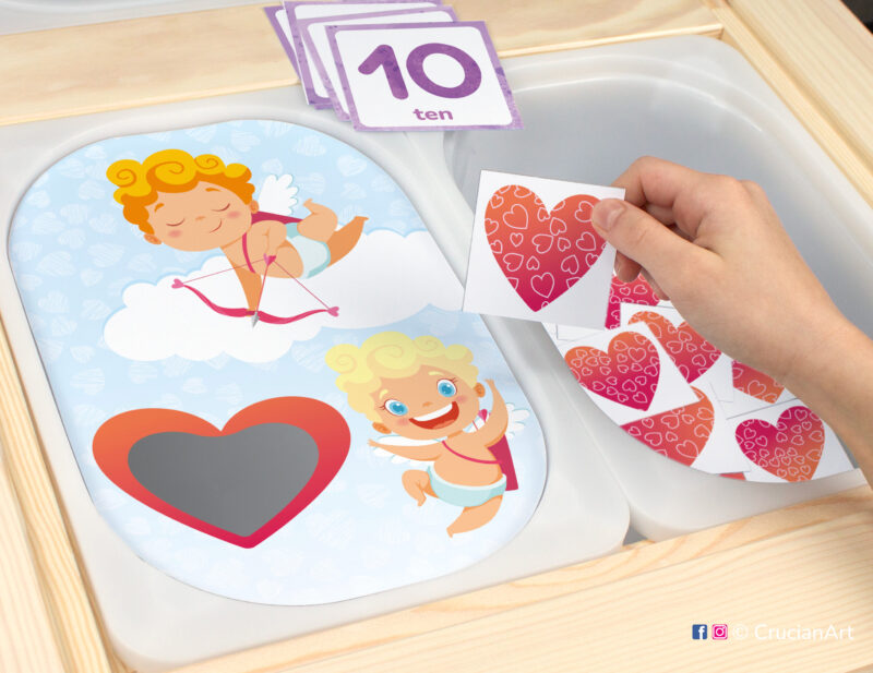 Sensory play in a childcare center: classroom learning printable materials for a Saint Valentine's Day holiday unit.