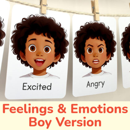 Excited and Angry flashcards hanging on twine with small wooden clothespins. African American Girl Emotions and Feelings theme classroom resources. Visual cards for boys with brown hair and skin.