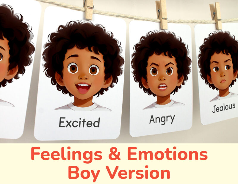 Excited and Angry flashcards hanging on twine with small wooden clothespins. African American Girl Emotions and Feelings theme classroom resources. Visual cards for boys with brown hair and skin.