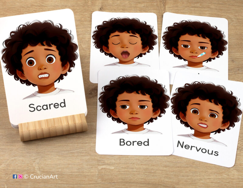 Emotions and Feelings Unit Flashcards featuring images of Scared, Bored, Nervous, Tired, and Sick boy face. Version for African American boys with brown skin and black hair.