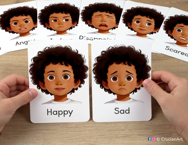 Happy and Sad faces watercolor flashcards in child hands. Feelings and Emotions unit educational printables. Version for African American boys with brown skin and black hair.