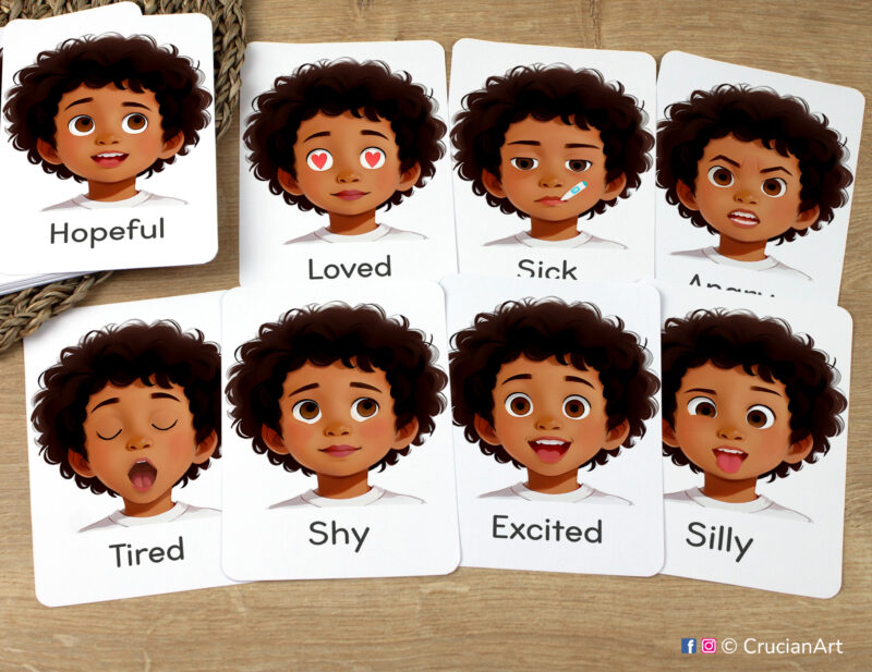 Feelings and Emotions Flashcards featuring Excited, Loved, Shy, Tired, Hopeful, Angry, Sick, Silly boy facial expression laid out for studying. Version for African American boys with brown skin and black hair.