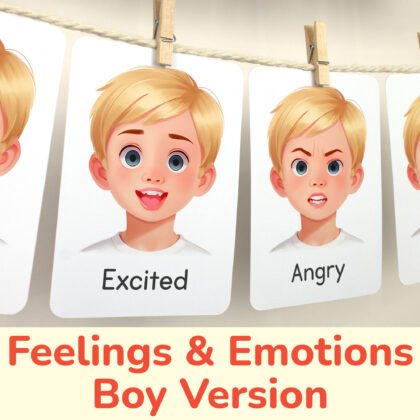 Excited and Angry flashcards hanging on twine with small wooden clothespins. Blond Boy Emotions and feelings theme classroom resources.