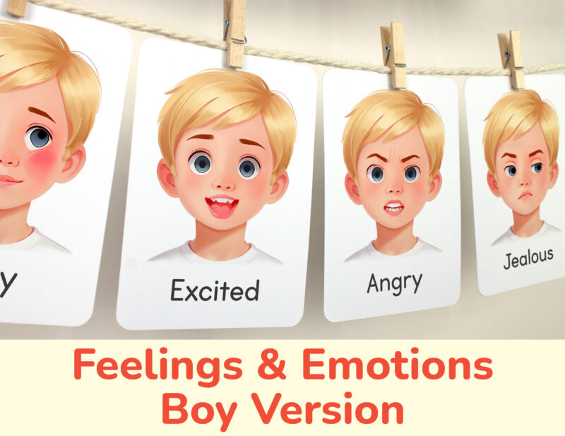 Excited and Angry flashcards hanging on twine with small wooden clothespins. Blond Boy Emotions and feelings theme classroom resources.