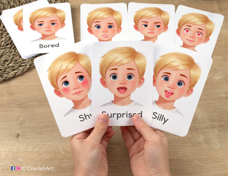 Flashcards featuring boyish watercolor illustrations of Surprised, Shy, and Silly emotions and feelings in toddler hands. Version for blond boys with fair hair and skin.