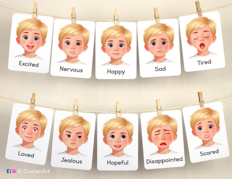 Set of Emotions and Feelings flashcards used as class or homeschool wall decor. Flash cards hang on twine with small wooden clothespins. Visual cards version for blond boys with fair hair and skin.