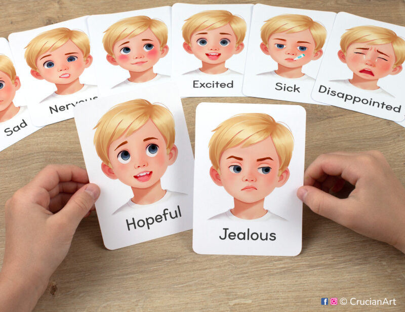 Watercolor illustrations of Jealous and Hopeful Emotions flashcards in kindergartener hands. Emotions and Feelings set of visual cards for blond boys with fair hair and skin.